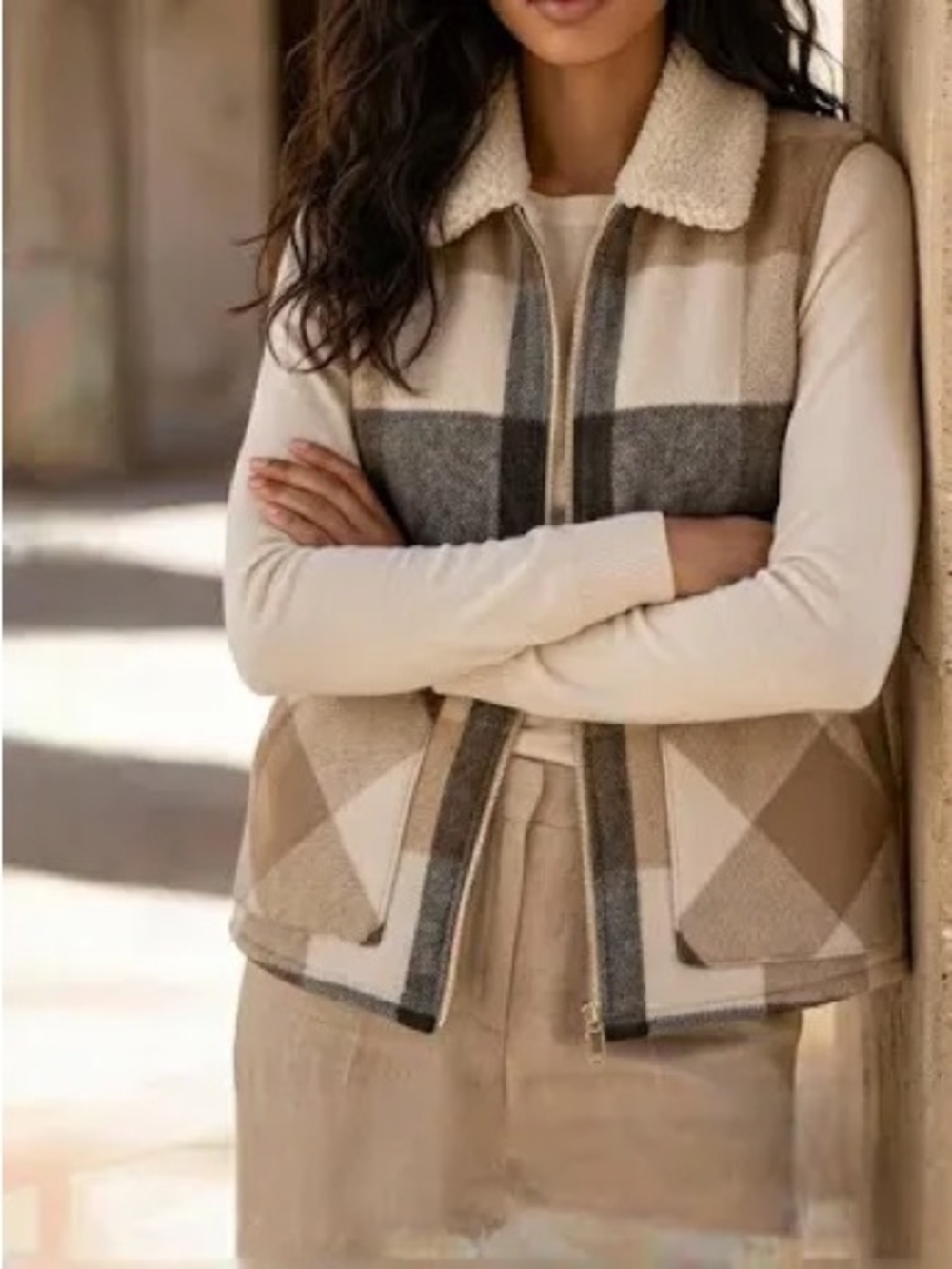 Sanctuary Plaid Mixed Media Sherpa-Lined Vest